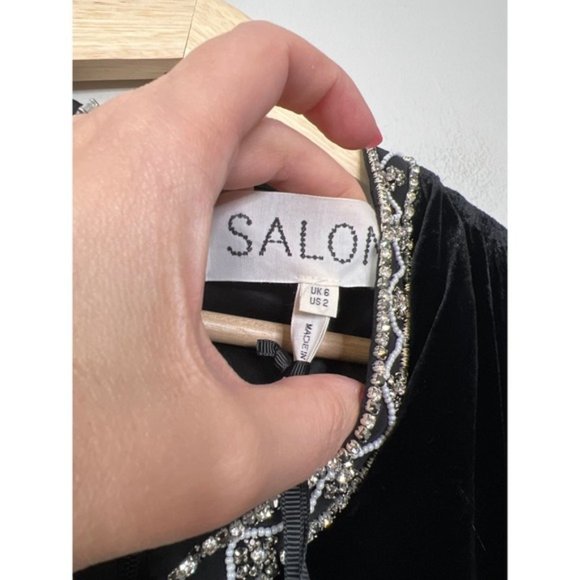 NWT Saloni Keyhole Tabitha Diamante Embroidery Velvet V-Neck Black Mini Dress - Picture 6 of 8